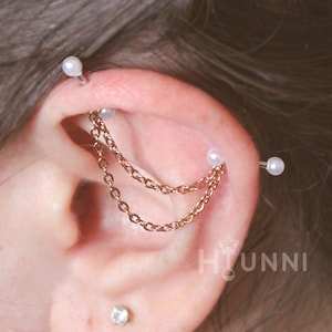 16g 14g Dainty Thin double chain pearl industrial piercing earring, 316l surgical steel, Helix 2 ear studs, 14gauge 3mm pearl, HiUnni