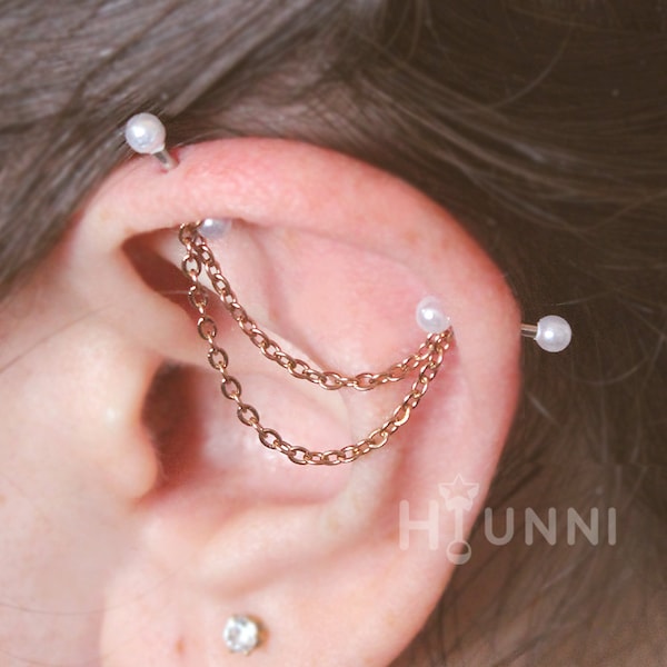 16g 14g Dainty Thin double chain pearl industrial piercing earring, Rose gold, 316l surgical steel, Helix 2 ear studs, HiUnni Handmade