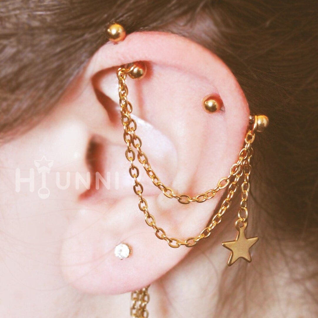 16g 14g Star Chain Industrial Piercing Earring Double Chain 2 Industrial Ear Studs Star Helix