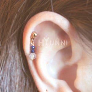 20g 16g Natural stone beads dangle cartilage ear stud, Lapis lazuli, Rose quartz, Helix piercing, Flat back Labret bar(optional), 1pc