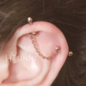 16g 14g Dainty Thin chain industrial piercing earring, 316l surgical steel, Comfortable industrial piercing 2 ear studs, HiUnni Handmade