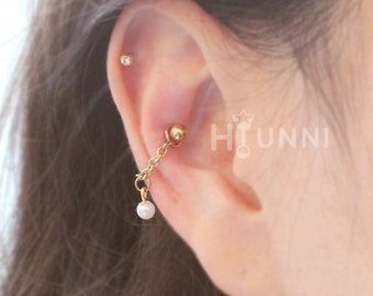 20g 16g Pearl chain conch ear stud, Conch hoop chain ring, Helix chain cartilage earring, HiUnni Handmade