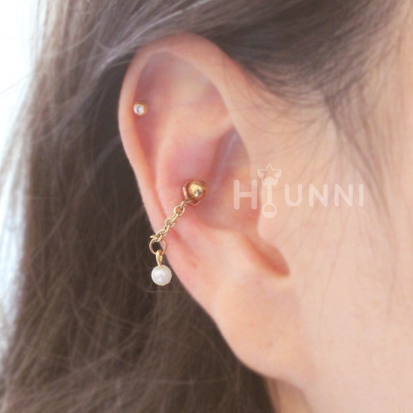 20g 16g Pearl chain conch ear stud, Conch hoop chain ring, Helix chain cartilage earring, HiUnni Handmade