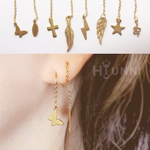 Stainless steel threaded earrings, Butterfly, Leaf, Cross, Feather, Bolt, Wing, Star, Snake threader earrings, Long chain earrings, HiUnni