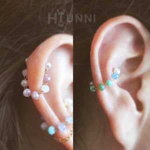16g 14g Pearl crystal chain conch ear stud, Pearl conch hoop double chain ring, 316l surgical steel, Sold as piece, HiUnni Handmade