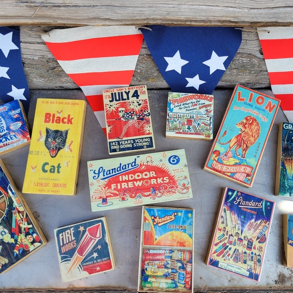 Vintage patriotic 4th Firework wood blocks-shelf decor-tiered tray decor