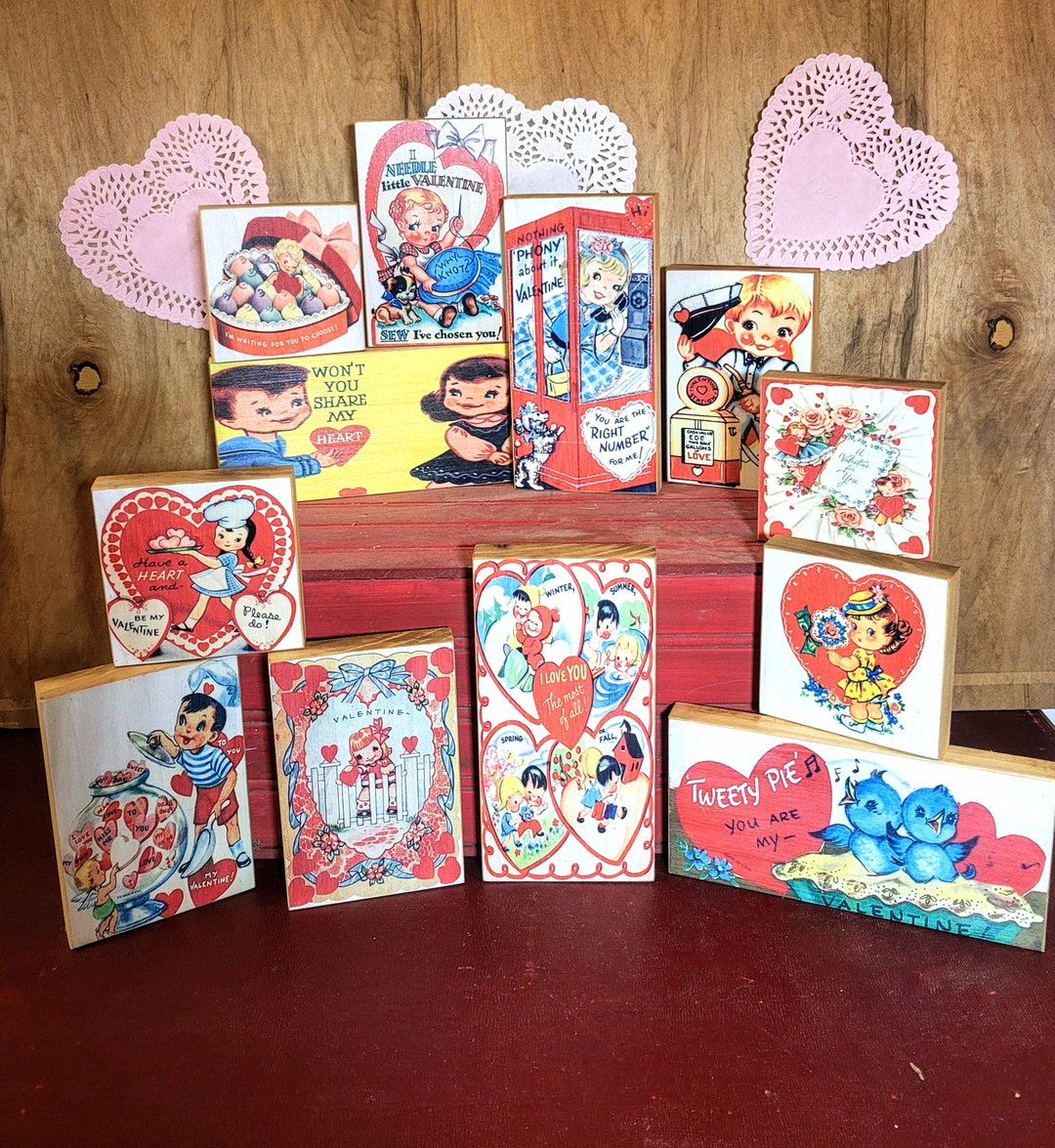 Vintage Valentine Decor Wood Blocks- Valentine Tiered Tray Decor- Retro ...