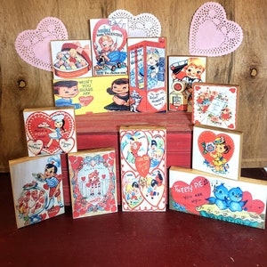 Vintage Valentine decor wood blocks- Valentine tiered tray decor- Retro Valentines wood signs