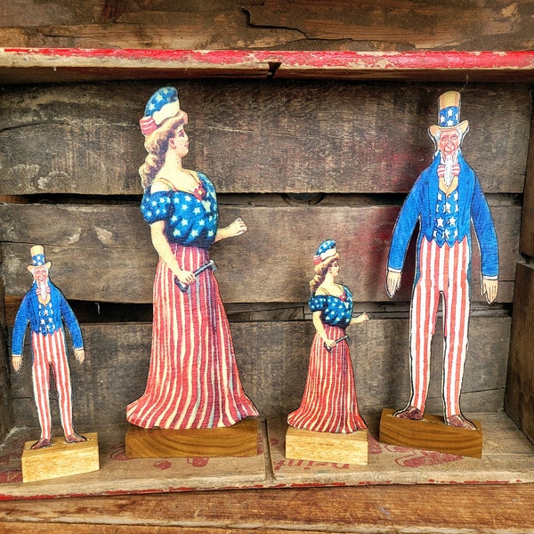 Primitive Uncle Sam Lady liberty- Vintage 4th of July decor- Primitive American die cut wood shapes- Patriotic decor