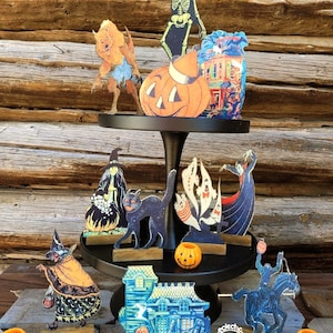 Vintage Halloween Character wood shapes- Vintage Halloween decor- Halloween die cut wood shapes- Halloween tiered tray decor
