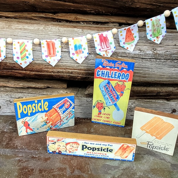 Summer tiered tray decor- vintage popsicle- vintage summer decor- mini banner