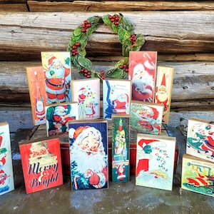 Vintage santa wood blocks. Christmas tiered tray decorations