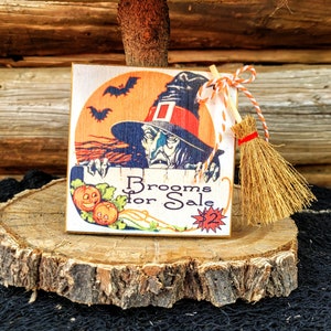 Vintage Halloween Witch wood block- Halloween decor- Brooms for Sale