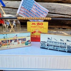 4th of july mini tiered tray decor- Vintage Firework Stands