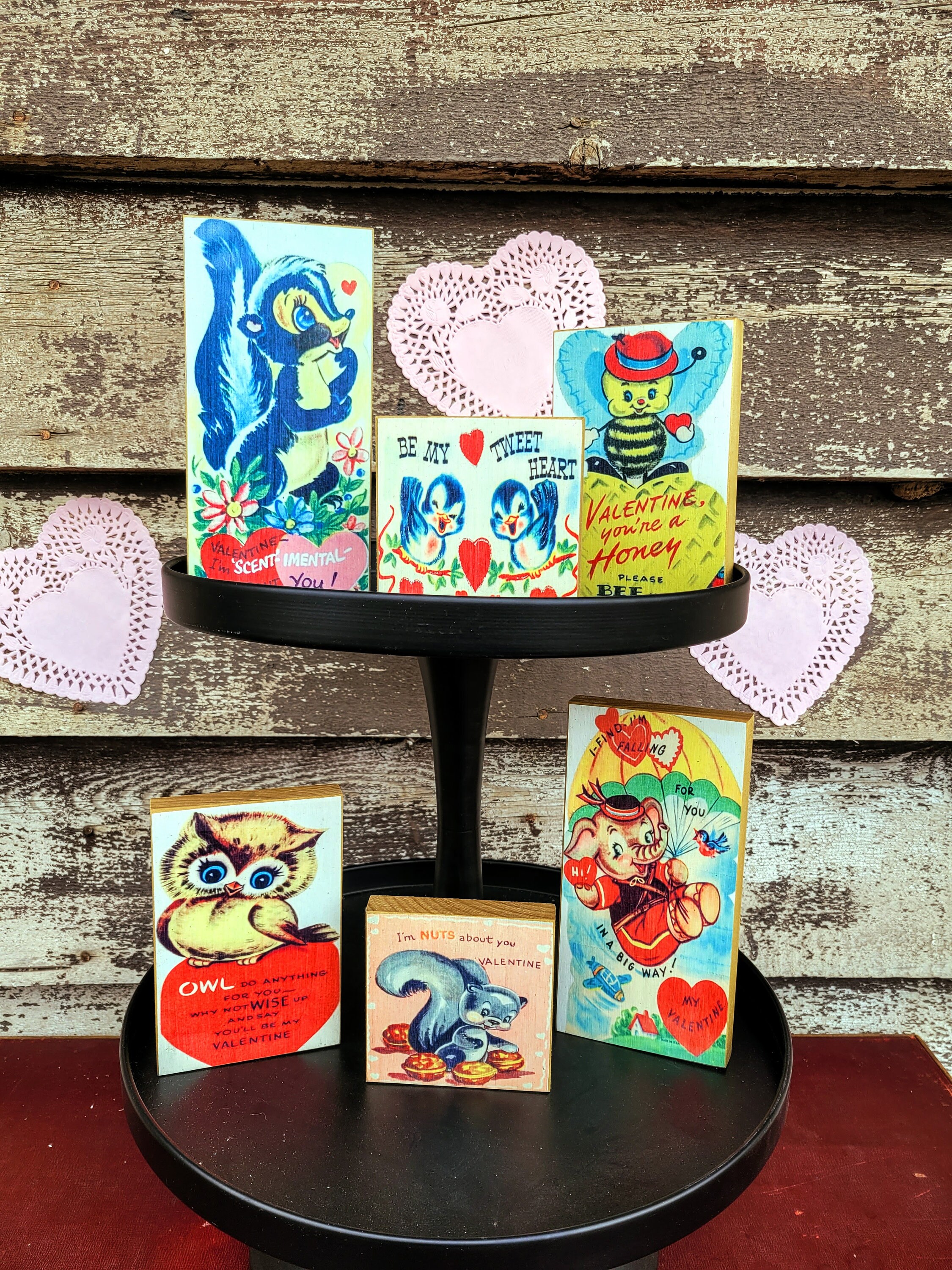 Vintage style Valentines day decor- valentines tiered tray decor- retro valentines  wood blocks
