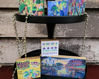 Mardi gras tiered tray decor- Mardi gras home decor shelf sitter wood blocks- New orleans home decor
