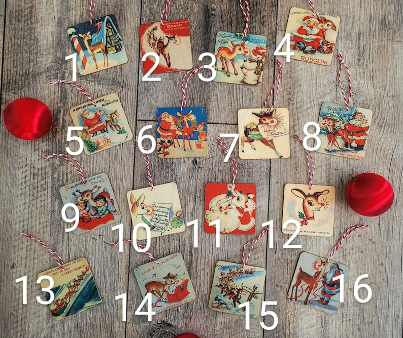May include: A set of 16 Christmas-themed ornaments, each featuring a different illustration of reindeer, Santa Claus, and other holiday imagery. The ornaments are made of cardboard and have a vintage aesthetic.