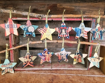 Vintage style primitive Patriotic star shaped ornaments- 4th of july ornaments- American patriotic home decor