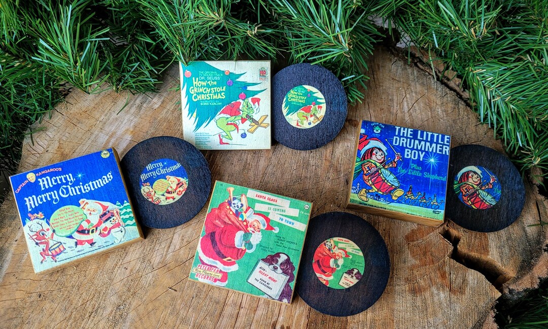 Vintage Christmas Decor Christmas Record Wood Block. Christmas Tiered