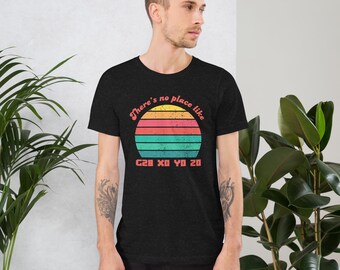 May include: A black t-shirt featuring a retro sunset graphic and the text "There's no place like G28 XO YO 20".