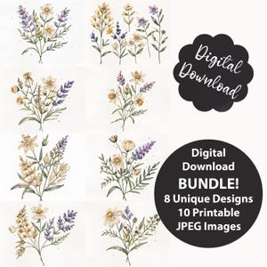 lot d'oeuvres d'art murales botaniques vintage | Lot de 8 affiches de fleurs sauvages | Décor herbier beige neutre | Ensemble de galerie floral antique imprimable