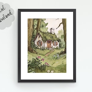 Whimsical Woodland Cottage Print | Magical Forest Wall Art Download | Dreamy Fairycore Watercolor | Enchanted Cottagecore Decor