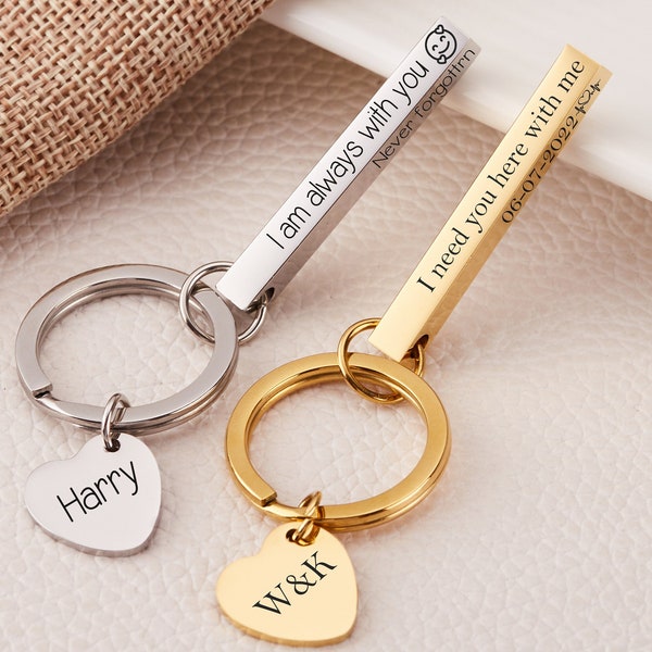 Personalized Engraved Bar Key Chain,Four Sides Custom Stainless Steel Keychain,Drive Safe Key Ring,Heart Pendant Keyring,Gift for Dad/Him