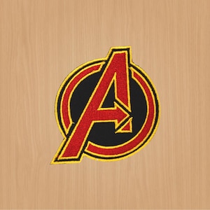 May include: Red and yellow embroidered iron-on patch featuring the Avengers logo, a stylised "A" inside a circle.