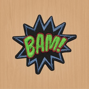 May include: An embroidered patch in blue and black with a green and red "BAM!" graphic.