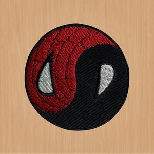 May include: A round embroidered patch with a yin yang design. One half is red with a black spider web pattern and the other half is black.