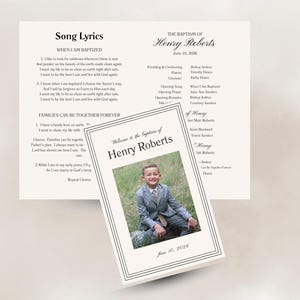 May include: A baptism program for Henry Roberts dated June 10, 2026, featuring song lyrics for When I Am Baptized and Families Can Be Together Forever, alongside a smaller card with a photo of a child in a suit and the text Welcome to the baptism of Henry Roberts.