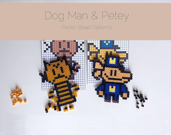 May include: Two pixel art patterns for perler beads, one of a yellow and black cat and the other of a blue and yellow dog wearing a police hat. The title "Dog Man & Petey Perler Bead Patterns" is at the top of the image.