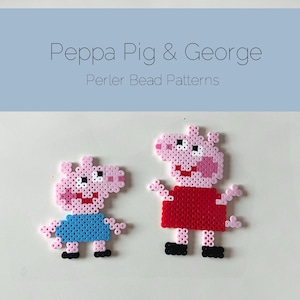 May include: Peppa Pig and George Perler bead patterns. Peppa is wearing a blue dress and George is wearing a red dress.