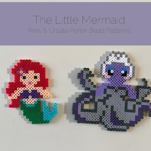 Könnte beinhalten: Zwei Perlenmuster, eines von Arielle aus Die kleine Meerjungfrau mit roten Haaren und einem grünen Schwanz, und eines von Ursula mit lila Haut und Tentakeln.