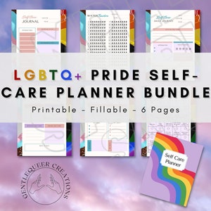 May include: A Pride self-care planner bundle with six printable and fillable pages. The planner includes a journal, water tracker, and daily journey pages. The cover features a rainbow design with the words "Self Care Planner".