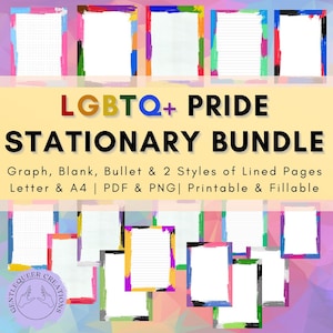 May include: An assortment of printable stationery pages with colorful brushstroke borders. The text "LGBTQ+ PRIDE STATIONARY BUNDLE" is displayed, along with options for graph, blank, bullet, and lined pages. The stationery is available in Letter and A4 sizes.