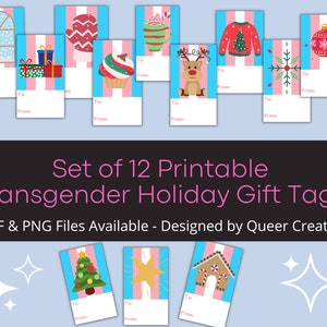 May include: Set of 12 printable gift tags featuring various holiday-themed illustrations, including a gingerbread house, a Christmas tree, a star, a reindeer, a snowflake, a mitten, a cupcake, a mug, a sweater, an ornament, and a window. The tags are designed with a pink and blue striped background and have blank spaces for writing "To" and "From".
