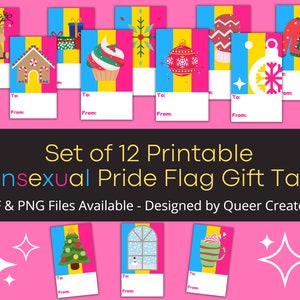 Pansexual Flag Pride Holiday Gift Tags Imprimable Rose Jaune Bleu Pinstripe LGBT Pull de Noël Deer Holiday Queer Emballage inclusif