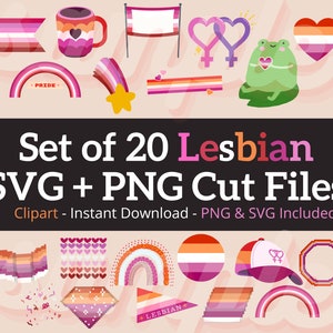 Könnte beinhalten: Eine Sammlung von 20 SVG- und PNG-Schnittdateien zum Thema Lesben. Die Designs umfassen Flaggen, Herzen, Regenbogen und einen Frosch, alle in den Farben der lesbischen Pride-Flagge. Text enthält "PRIDE" und "LESBIAN".