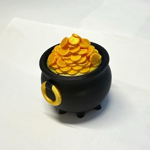 May include: A black pot filled with yellow coins. The pot has a gold handle and three small feet. The coins are stacked high, creating a visual of wealth and treasure. The pot is a symbol of luck and fortune.