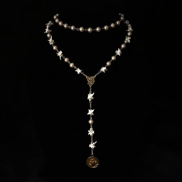 Bone Jewelry: Snake Vertebrae Bone Rosary with Pearlescent Beads
