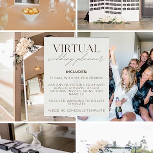 May include: A virtual wedding planner service with a collage of images showing wedding decor, a bride and bridesmaids, and a sign that says "pick a seat, either side, groom and bride unplugged ceremony".