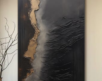 Large Gold Texture Canvas Art Wabi Sabi Wall Art Black Gold 3D Texture Painting Mid-Century Modern Art Boho Abstract Minimalsit Painting