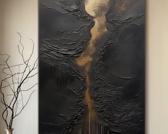 Black & Gold Abstract Minimalist Paining Large Black Wall Art Wabi Sabi Wall Art Gold Leaf 3D Texture Painting on Canvas Boho Texture Canvas