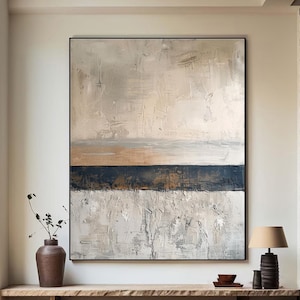 Pintura abstracta marrón de gran tamaño, arte texturizado beige hecho a mano, pintura abstracta marrón y azul, arte de pared wabi-sabi, decoración de pared abstracta
