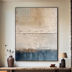 Pintura abstracta marrón de gran tamaño, arte texturizado hecho a mano, pintura minimalista marrón y azul, arte de pared wabi-sabi, decoración de pared abstracta moderna.