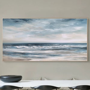 Extra Large  Coastal Painting On Canvas Acrylic Seascape Painting Original Abstract Sky Blue Ocean Modern Living Room Wall Art Decor