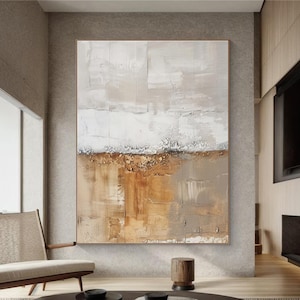 Large gold abstract painting on canvas, gray wabi sabi wall art, minimalist wall ar,original handmade beige painting, living room wall decor