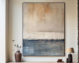 Large grey abstract oil painting,  blue wabi-sabi wall painting,brown textured handmade oil painting, modern living room decoration art