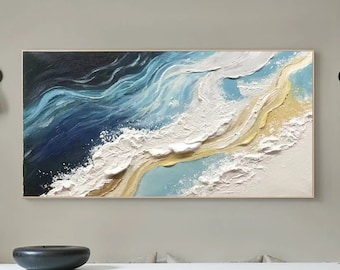 Original mar azul óleo sobre lienzo arte abstracto de la pared 3D texturizado paisaje marino pintura al óleo textura de la onda del mar arte de la pared pintura abstracta del océano